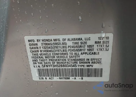 2011 Honda Pilot Ex-L from USA, damaged, VIN 5FNYF3H52BB034545